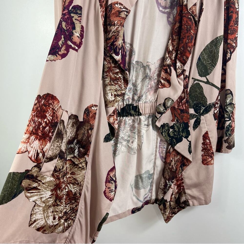 Romantic Pink Floral Ruffle Chico's Open Front Cinched Back Jacket Small Spring - Picture 4 of 12